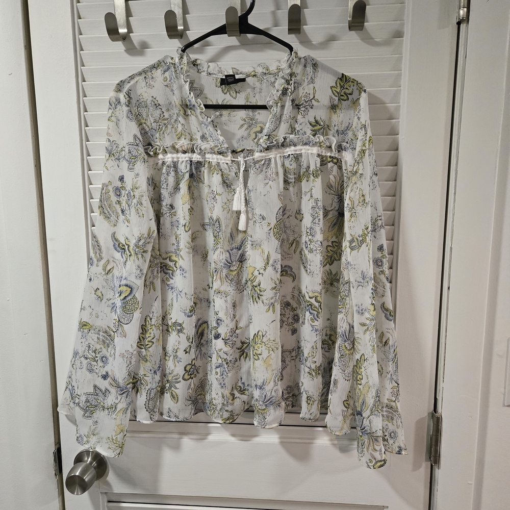 a.n.a White Floral Blouse with Blue and Green Accents